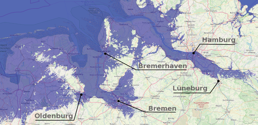 Küstenverlauf der Nordsee in Deutschland bei einem Meeresspiegelanstieg um 7 Meter