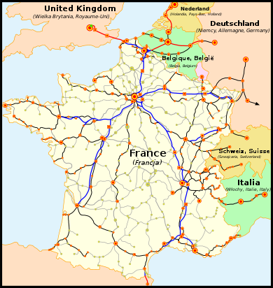 Karte vom Schienennetz in Frankreich für die Schnellzüge TGV.