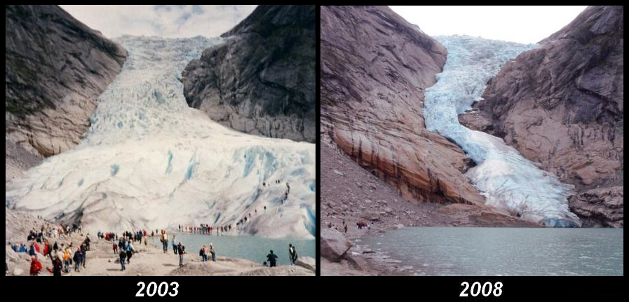 Abschmelzender Gletscher Briksdalsbreen in Norwegen im Jahr 2003 und 2008 (Quelle: Ximonic CC BY SA 3.0) 