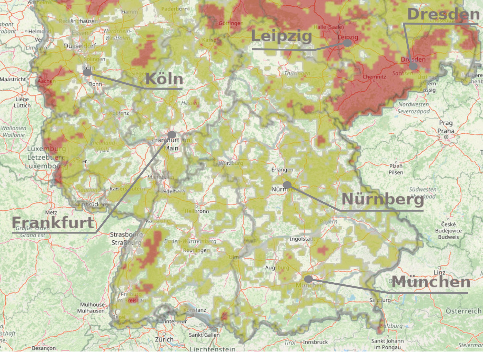 Karten mit von Trockenheit betroffenen Gebieten in Süddeutschland
